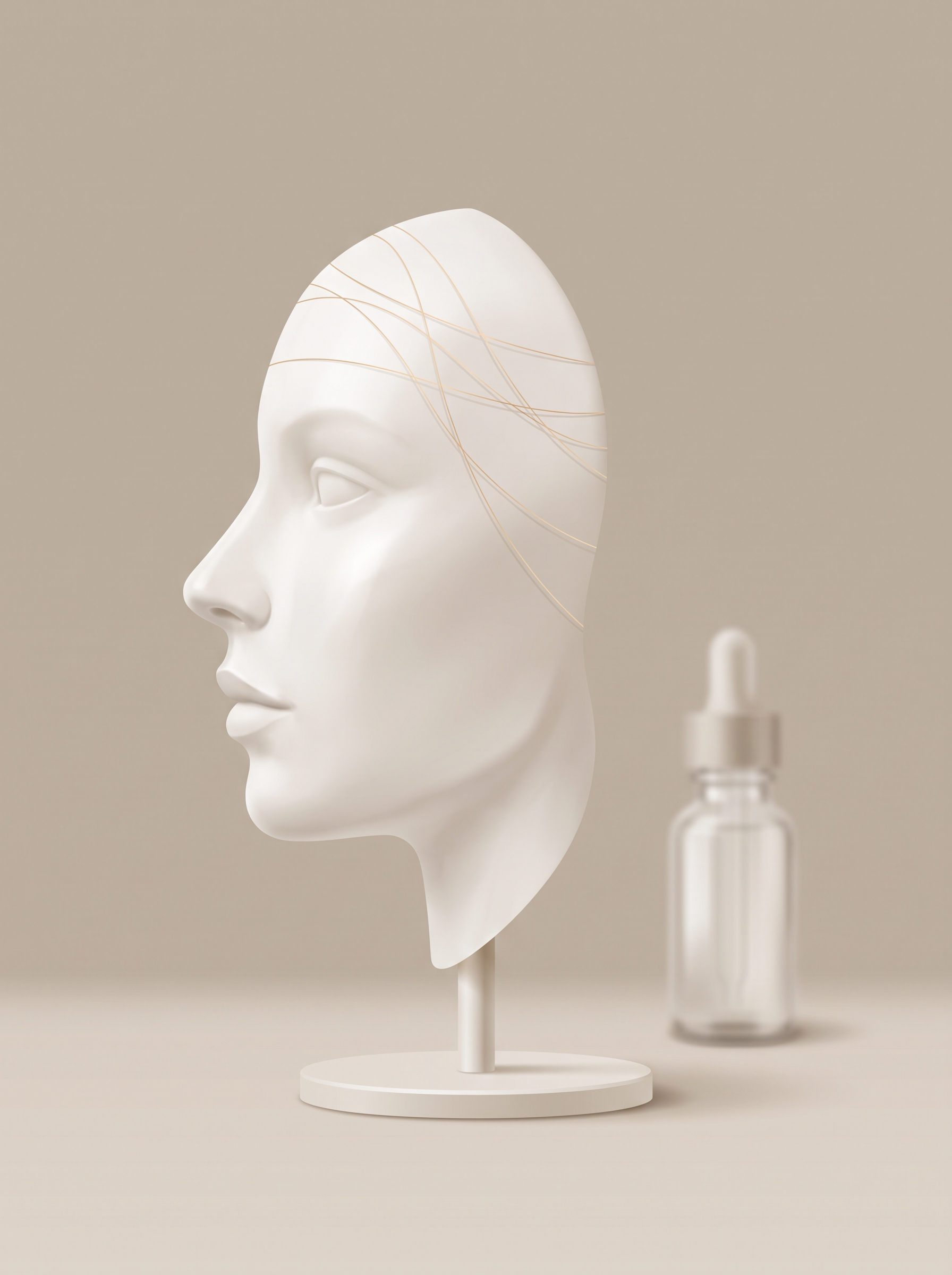 Busto de perfil com linhas sutis de expressão em composição editorial