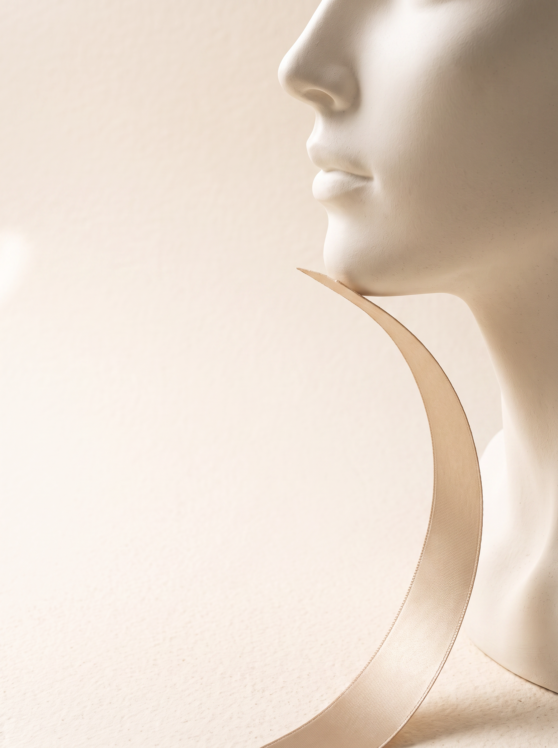 Perfil facial escultural elevado por curva dourada abstrata