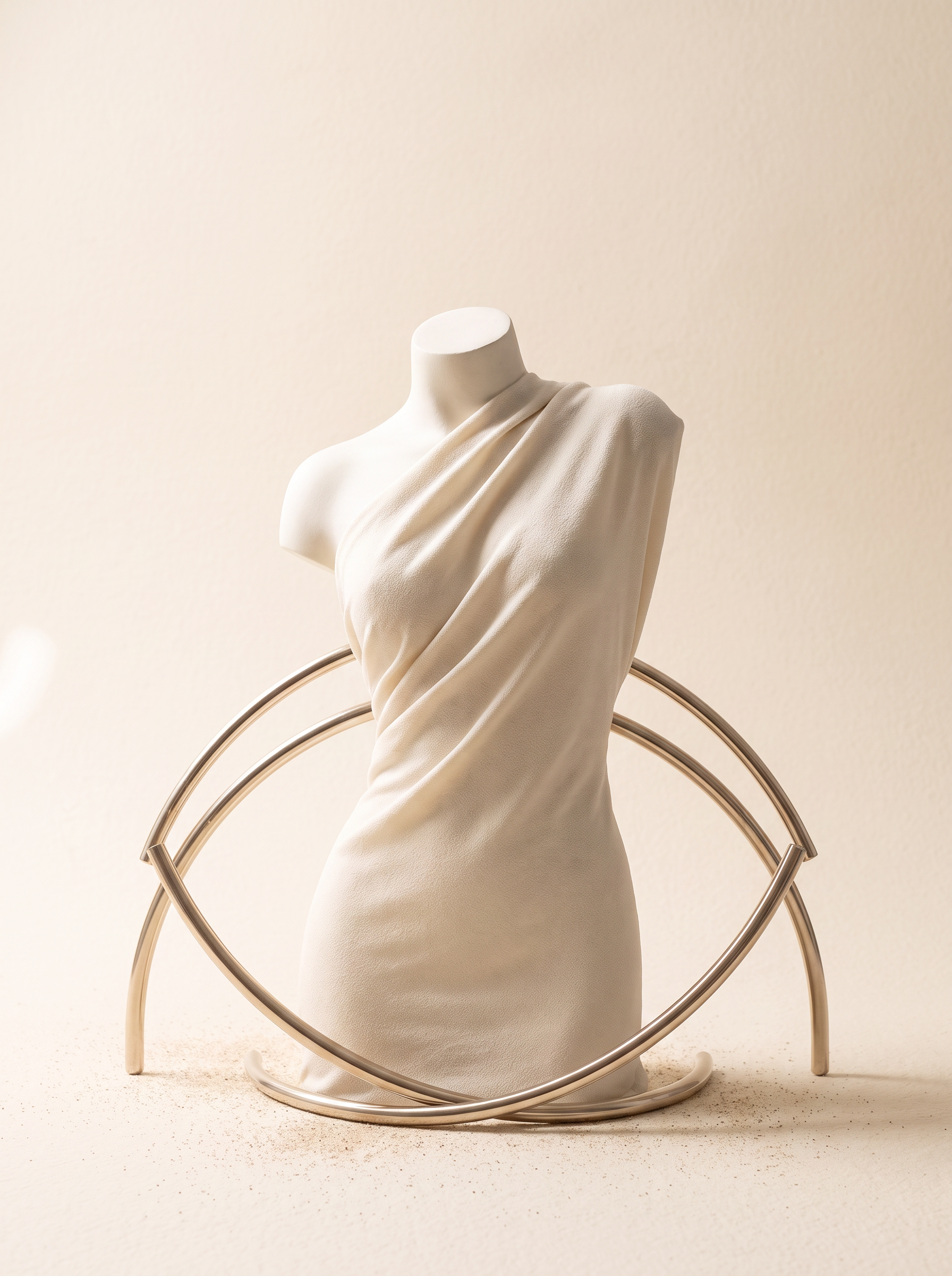 Torso de manequim drapeado e arcos de proporção em composição abstrata